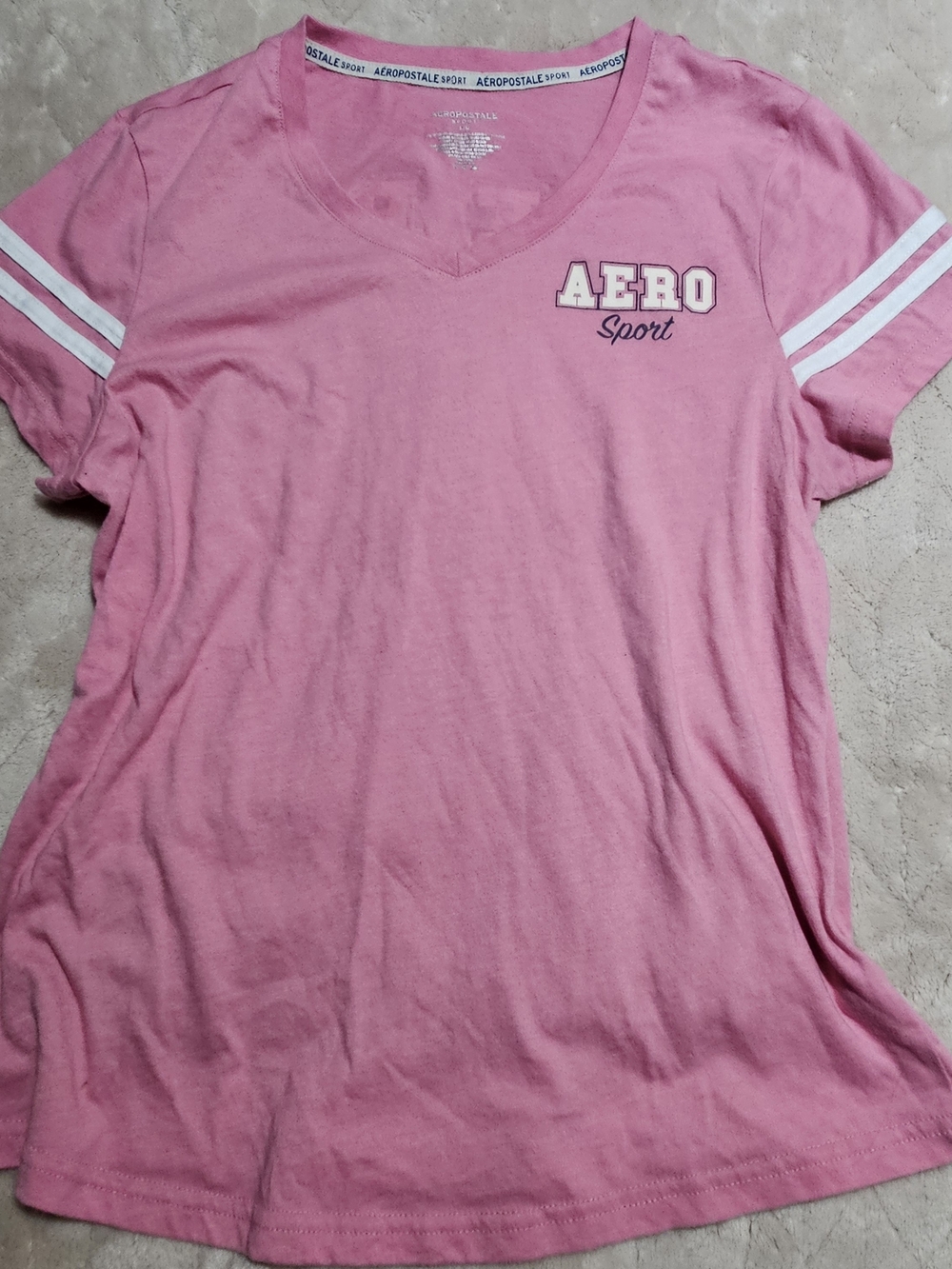Aeropostale Pink V-Neck Sport Tee with White Sleeve Stripes
